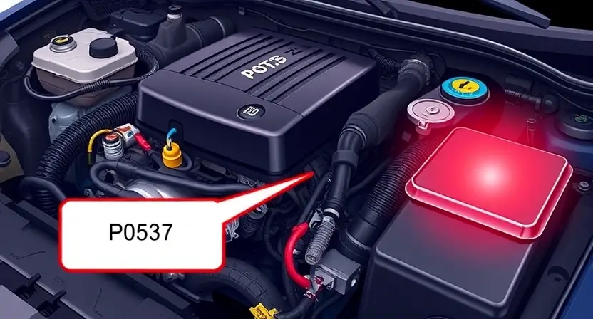 A detailed illustration of a car's engine bay with a diagnostic trouble code (DTC) light illuminated. The image should focus on the engine components, wiring, and the DTC light itself, clearly indicating the P0537 error.