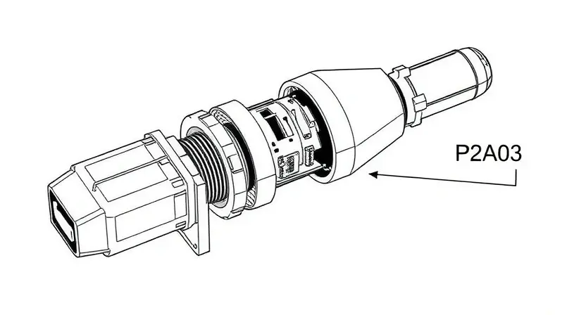 A detailed illustration of an oxygen sensor with a visual representation of the P2A03 error code highlighted. The sensor should be depicted in a technical drawing style, showing its internal components and connections. The P2A03 code should be clearly displayed near the sensor, perhaps with a small accompanying graphic indicating a malfunction.