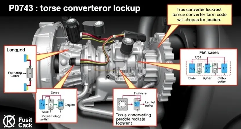 A detailed illustration of a car's transmission system, specifically focusing on the torque converter and its associated wiring and components. The image should clearly depict the P0743 error code related to the torque converter lockup. Include diagrams showing the electrical circuit and potential causes of the malfunction.