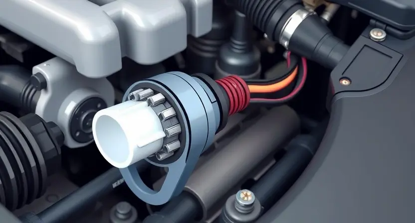 A close-up, detailed illustration of a car's engine bay. Focus on the mass airflow sensor (MAF sensor) and its surrounding components. The sensor should be clearly visible, with wires and hoses connected. The engine bay should appear clean and well-maintained. Use realistic lighting to highlight the sensor's details.