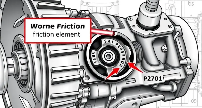 A detailed illustration of a transmission system with a worn friction element, highlighting the cause of the P2701 error. Include visual cues representing wear and tear on the friction element, such as scoring or uneven wear. The background should be a technical schematic of the transmission.