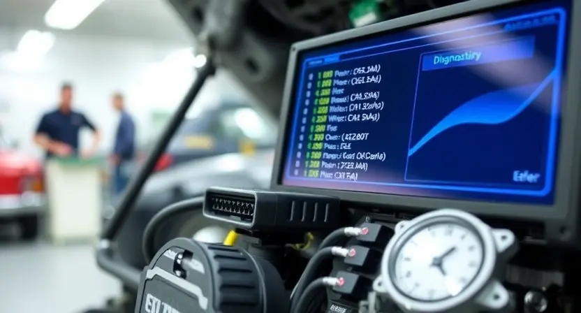 A close-up, detailed illustration of an engine control unit (ECU) with highlighted sensor connections and diagnostic codes displayed on a screen. The background should be a clean, modern automotive workshop environment. Focus on the technical aspects of engine diagnostics.