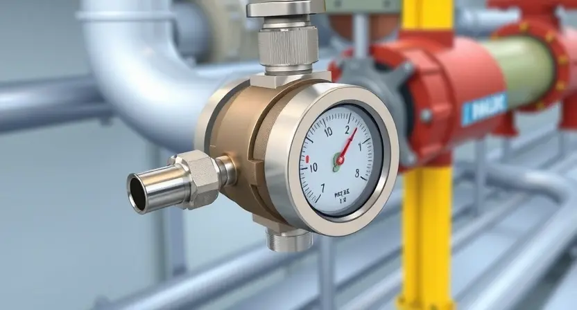A close-up, detailed illustration of a pressure sensor, possibly within a pipeline or industrial setting. The sensor should be clearly visible, with emphasis on its connection points and any relevant indicator lights or displays. The background should suggest a technical environment, but remain uncluttered. Focus on the sensor's physical appearance and its integration into the system.