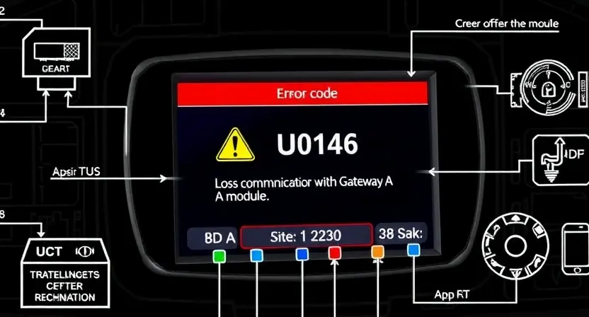 A technical illustration showing a vehicle's onboard diagnostic system displaying error code U0146, with a warning icon indicating loss of communication with Gateway A module, surrounded by schematic diagrams of wiring and network connections, clean technical background, high detail