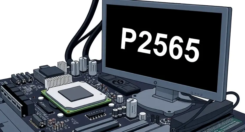 A detailed illustration of a computer motherboard with a highlighted P2565 error code displayed on a monitor. The motherboard should show various components like CPU, RAM, and capacitors. The monitor should display the error message clearly. The overall scene should be clean and professional, with good lighting.