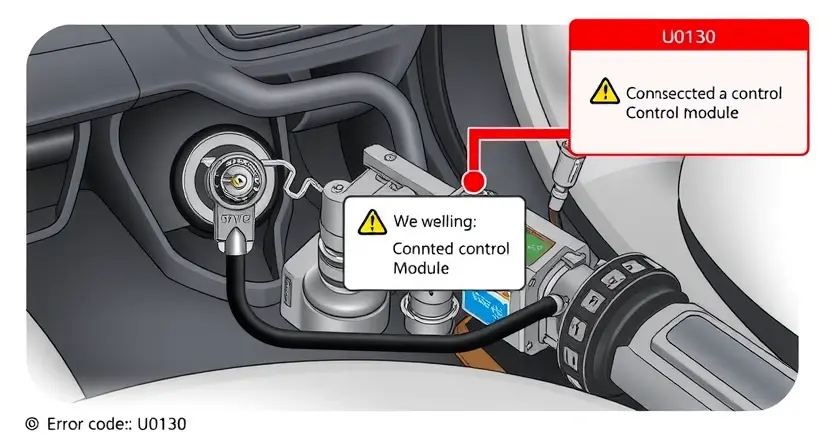 A detailed technical illustration of a car's steering system showing a disconnected control module with warning signs and error code U0130, clean technical diagram style, no text or numbers on image