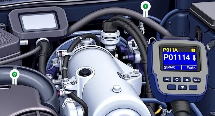 A close-up, detailed illustration of an engine bay with a focus on the Intake Air Temperature (IAT) sensor. The sensor should be clearly visible, along with nearby hoses and wiring. A diagnostic scan tool displaying a P0114 error code should be subtly included in the background, but not the primary focus. The overall lighting should be bright and clean, emphasizing the technical aspects of the engine components.