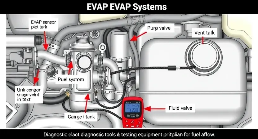 A detailed illustration of a vehicle's EVAP system components, including the EVAP sensor, purge valve, vent valve, and fuel tank. The system should be clearly labeled with arrows indicating the airflow and fluid flow. Focus on the diagnostic tools and testing equipment used to check the system's functionality.