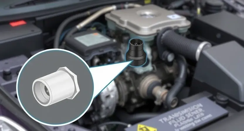 A detailed illustration of a car's engine bay, focusing on the transmission fluid level sensor and related components. The sensor should be clearly visible, with a close-up view highlighting its connection to the transmission. The background should be slightly blurred to emphasize the sensor.