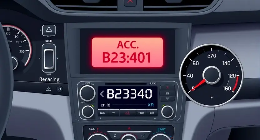 A detailed illustration of an automotive climate control system (ACC) with a highlighted error code B2340 displayed on a digital dashboard. The system should visually represent the components of the ACC, such as sensors, actuators, and the control unit. The dashboard should show the error code prominently, with accompanying visual cues indicating a system malfunction.