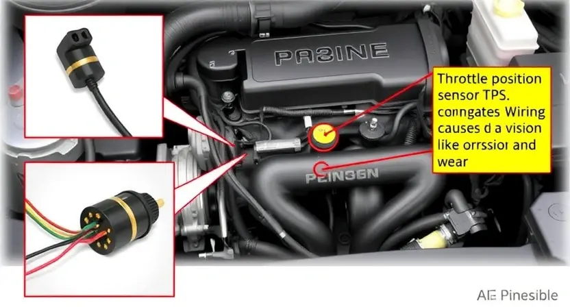 A detailed diagram illustrating the P0226 error code in an automotive engine. The diagram should show the throttle position sensor (TPS), its location within the engine, and the relevant wiring and connections. Include visual representations of potential causes like corrosion and wear. The image should be scientifically accurate and easy to understand.