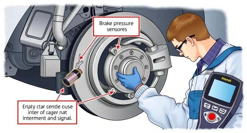 A detailed illustration of a car's brake system showing a brake pressure sensor with an intermittent signal, a mechanic inspecting the sensor and wiring, and diagnostic tools, all in a realistic style