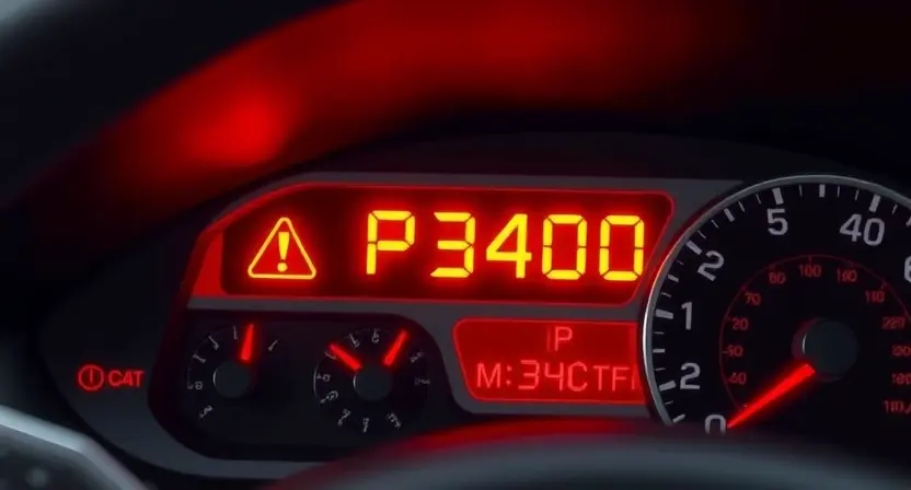 A close-up, detailed illustration of a car's dashboard with a prominent warning light illuminated. The dashboard should show a simplified representation of the car's systems, focusing on the area where the P3400 error code might be displayed (e.g., a digital display or warning icon). The overall color palette should be realistic, with a focus on the colors commonly found in car interiors (black, gray, silver, red for warning lights). The image should convey a sense of technical diagnostics and p