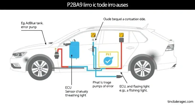 A detailed diagram illustrating the P2BA9 error code in a vehicle's AdBlue system. The diagram should show the components involved (e.g., AdBlue tank, pump, sensor, ECU) and the potential causes of the error. Include visual cues representing the error state (e.g., a flashing light, an error message).