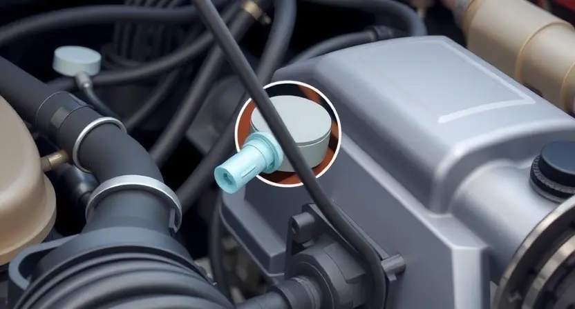 A close-up, detailed illustration of a car's engine bay, focusing on the coolant temperature sensor and the surrounding hoses and components. The image should clearly show the sensor's location and connections. The background should be slightly blurred to emphasize the engine components.