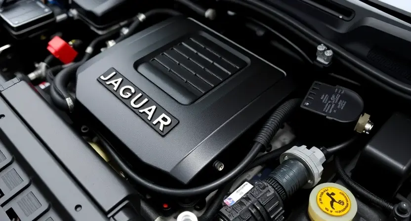 A close-up, detailed image of a Jaguar car's engine bay. Focus on the engine control unit (ECU) and related wiring harnesses. The engine should appear clean and well-maintained. The overall lighting should be bright and even, highlighting the components.