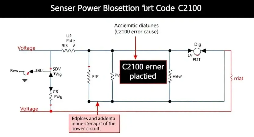 A detailed schematic diagram of a sensor power circuit, highlighting the C2100 error code and potential causes. Include visual representations of voltage levels, resistor values, and component connections. The diagram should be clean, well-labeled, and easy to understand.