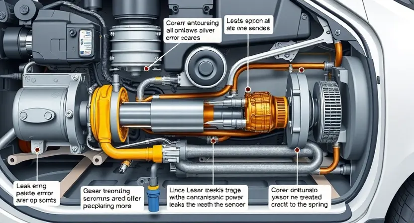 A detailed technical illustration of a pneumatic suspension system in a vehicle, showing components like air springs, compressors, valves, and sensors, with clear labels and diagrams highlighting common error points such as leaks or sensor malfunctions, rendered in a clean, professional engineering style with high precision and clarity