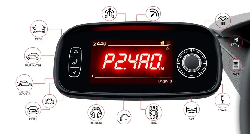 A high-quality technical illustration showing a modern car engine control unit with a glowing diagnostic screen displaying the error code P24A0, surrounded by subtle symbols of automotive sensors and circuit diagrams, clean white background, sharp focus, professional lighting