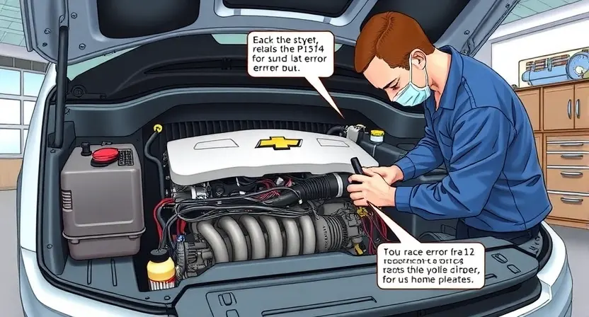 A detailed illustration of a Chevrolet vehicle with a mechanic inspecting the engine bay. Focus on the engine components, wiring, and potential areas related to P1514 error codes. The background should be a clean, well-lit garage setting.