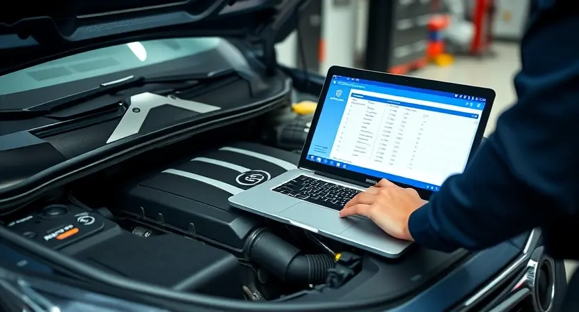 A close-up shot of a car engine bay with a mechanic inspecting it using a laptop. Focus on the engine components and the laptop screen displaying diagnostic information. The car should be a modern GM/Opel model.