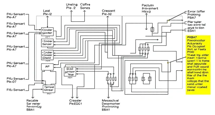 A detailed schematic diagram illustrating the P2BA7 error code in a vehicle's engine control unit (ECU). The diagram should show the relevant sensors, actuators, and diagnostic pathways. Include visual cues representing the error state, such as highlighted components or error indicators.