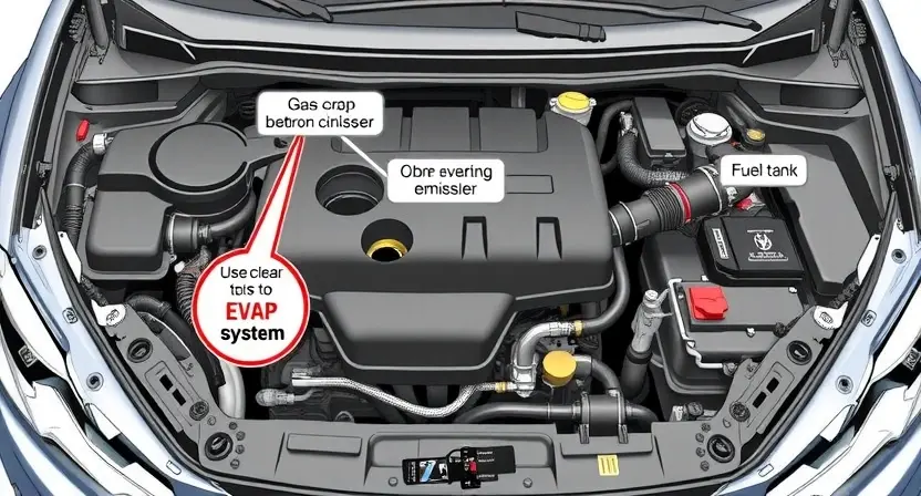 A detailed illustration of a car's engine bay, focusing on the evaporative emissions (EVAP) system components. Highlight the gas cap, charcoal canister, fuel tank, and associated hoses and valves. Use clear visual cues to indicate the system's flow and connections. The image should convey a sense of technical accuracy and clarity, suitable for a repair manual or diagnostic guide.