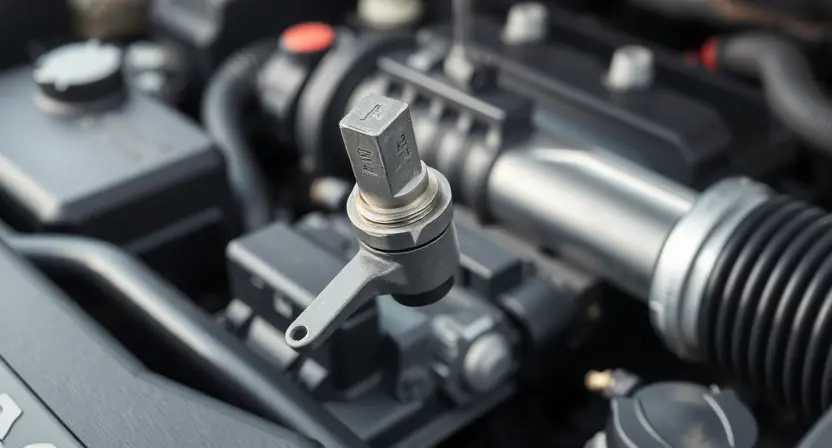 A close-up shot of a car's engine bay, focusing on the engine temperature sensor. The sensor should be clearly visible, and the surrounding engine components should be in focus, suggesting a diagnostic or repair scenario. The overall lighting should be bright and clean, highlighting the sensor's details. The background should be slightly blurred to emphasize the sensor.