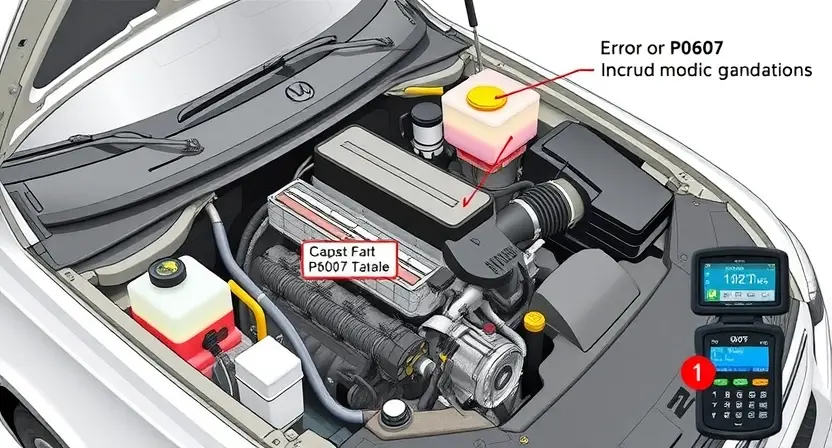 A detailed illustration of a car's engine bay with various components visible, highlighting the area related to the P0607 error code. Include visual representations of the vehicle's computer system and diagnostic tools. Focus on clarity and technical accuracy.
