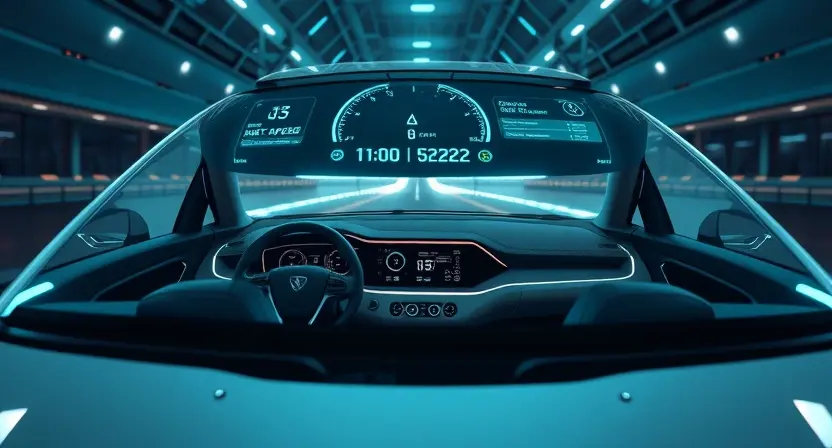 A futuristic car interior with a holographic heads-up display (HUD) projecting information onto the windshield. The HUD should show navigation directions, speed, and other vehicle data in a clean, modern interface. The car should be sleek and modern, suggesting advanced technology.