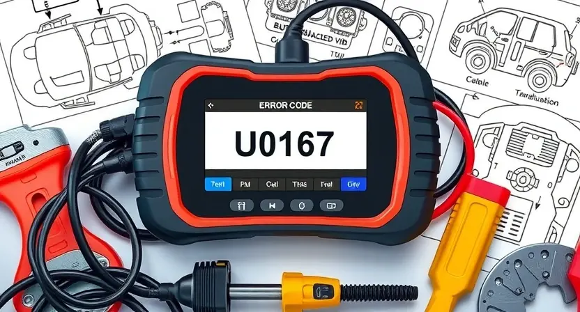 A high-quality technical illustration showing a modern car diagnostic scanner displaying error code U0167 on a screen, surrounded by automotive tools and wiring diagrams, with clear visual emphasis on troubleshooting and repair concepts