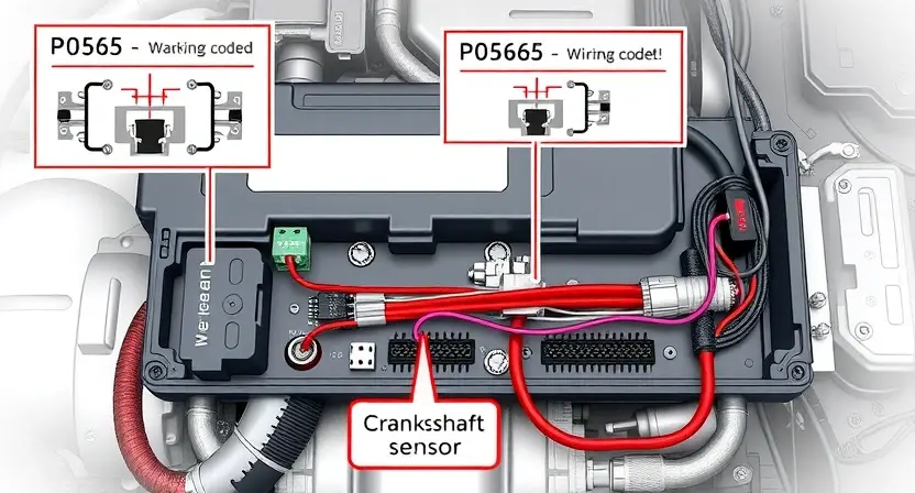 A detailed illustration of an automotive engine control unit (ECU) with wiring diagrams highlighting the P0565 diagnostic code. The ECU should be rendered with a realistic, technical style, showing various components and connections. Focus on the wiring related to the crankshaft position sensor.