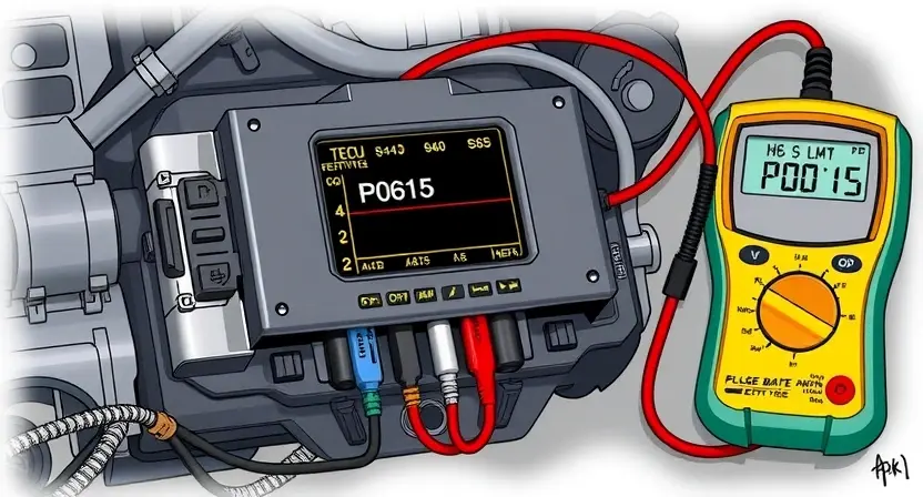 A detailed illustration of a car's engine control unit (ECU) with various diagnostic tools connected. Focus on the ECU's display showing a P0615 error code. Include wires, sensors, and a multimeter to represent the diagnostic process.