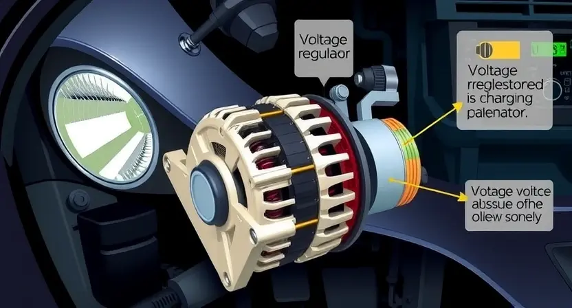 A detailed illustration of a car's charging system with a focus on the voltage regulator and alternator. Show the components in a disassembled state to highlight potential areas of failure. Include visual indicators of voltage issues, such as a dimming headlight or a battery warning light on the dashboard. The image should be realistic and technical, providing a clear view of the internal workings of the charging system.
