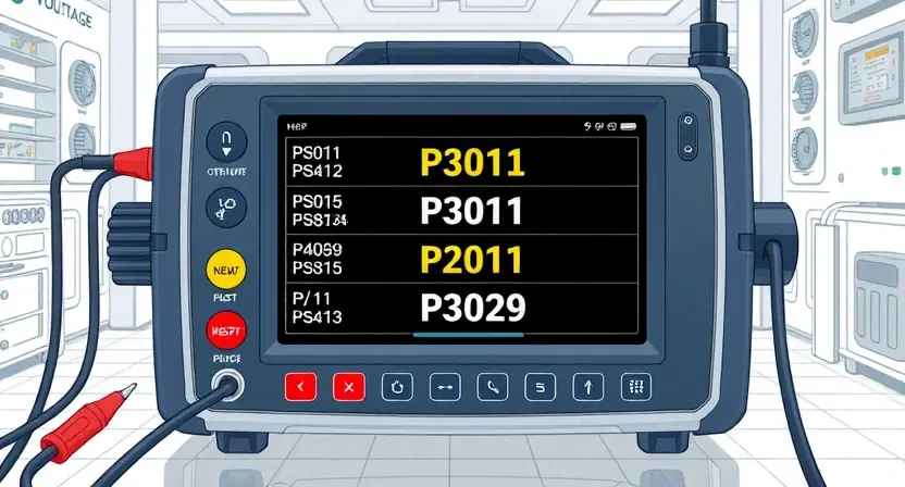 A detailed illustration of a high-voltage battery diagnostic equipment, showcasing various test points and indicators. The equipment should be clean and modern in design. Focus on the visual representation of error codes P3011 to P3029 displayed on a screen or indicator lights. The background should be a clean, technical environment.