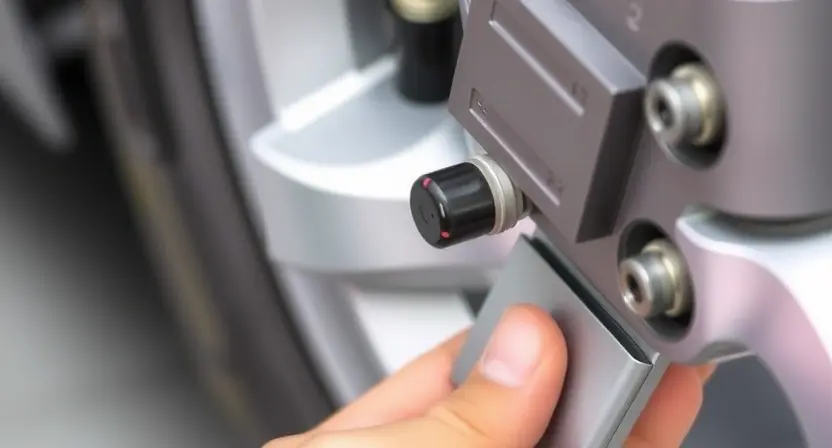 A close-up image of a car's tire pressure monitoring system (TPMS) sensor being inspected. The sensor should be clearly visible, attached to the wheel rim. Focus on the sensor and the surrounding tire area. The background should be blurred, suggesting a garage or workshop environment. The image should convey a sense of technical inspection and potential troubleshooting.