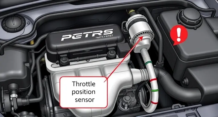 A detailed illustration of a car engine bay, focusing on the throttle position sensor. The sensor should be clearly visible, with wiring and connections highlighted. Include visual cues representing the P0229 error code (e.g., a small warning light or a diagnostic display). The overall scene should be realistic and informative, suitable for a repair manual or online tutorial.