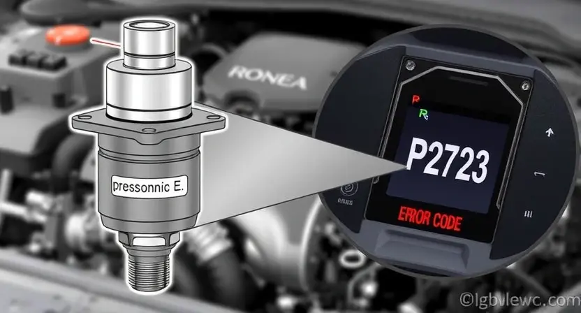 A detailed illustration of an automotive pressure solenoid (E) with a visual representation of the P2723 error code displayed on a car's dashboard. The solenoid should be clearly labeled, and the dashboard display should show the error code in a readable format. The background should be a slightly blurred image of a car engine bay.