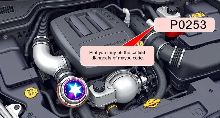 A detailed illustration of a car engine with a diagnostic error code P0253 highlighted. The engine should be realistically rendered, showing various components like the catalytic converter, oxygen sensors, and exhaust system. The error code should be clearly displayed on a digital display near the engine.
