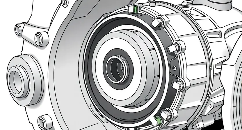 A detailed illustration of a transmission system with a worn friction element, highlighting the area of concern. Include visual indicators of wear and tear, such as scoring or uneven wear. The background should be a clean, technical environment.
