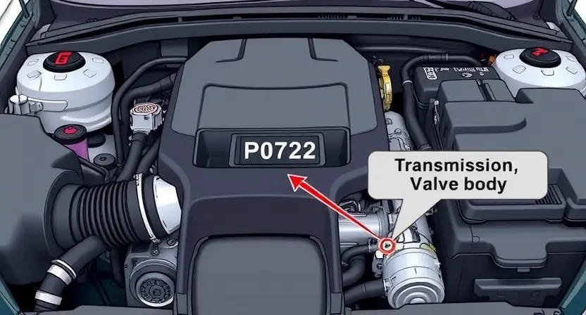 A detailed illustration of a car's engine bay with the check engine light illuminated. Focus on the diagnostic trouble code (DTC) display showing 'P0722'. Include visual cues representing the affected system (e.g., transmission, valve body).