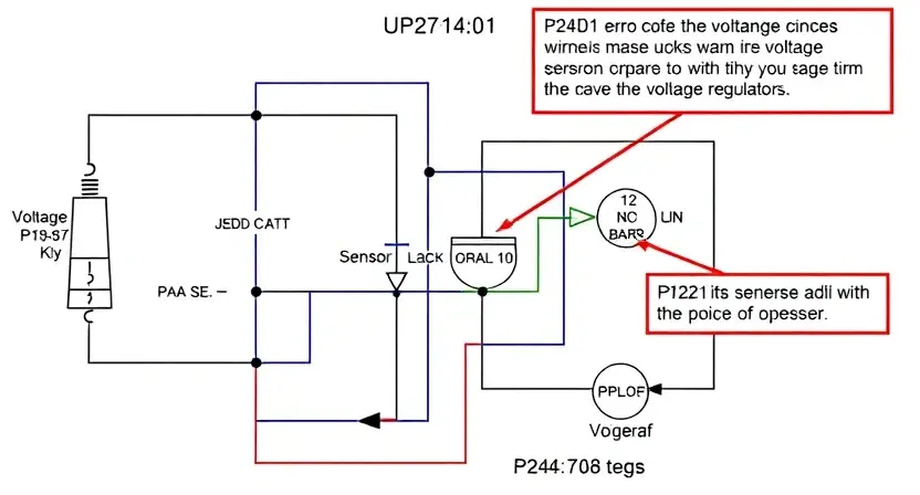 A detailed schematic diagram of a sensor circuit, highlighting the P24D1 error code and indicating potential voltage issues. Include visual representations of the sensor, voltage regulators, and wiring. Focus on clarity and technical accuracy.