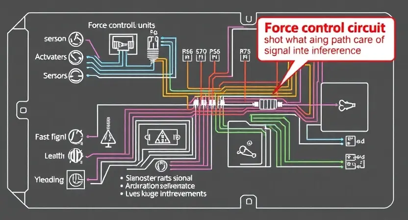 A detailed schematic diagram of an engine control unit (ECU) with a highlighted signal path related to the force control circuit. The diagram should clearly show the relevant components like sensors, actuators, and wiring, emphasizing the signal flow and potential points of signal interference. Focus on the electrical connections and circuit board layout.