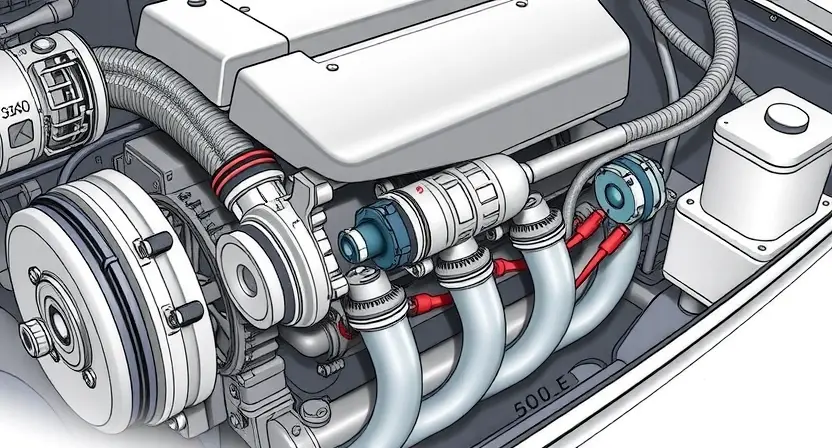 A detailed illustration of a car engine with a focus on the throttle position sensor, showing the internal components and connections. The engine should be depicted in a cross-section view to highlight the sensor's location and its interaction with the throttle body. Use realistic and precise mechanical details to represent the engine parts, such as the throttle valve, linkage, and electrical connectors.
