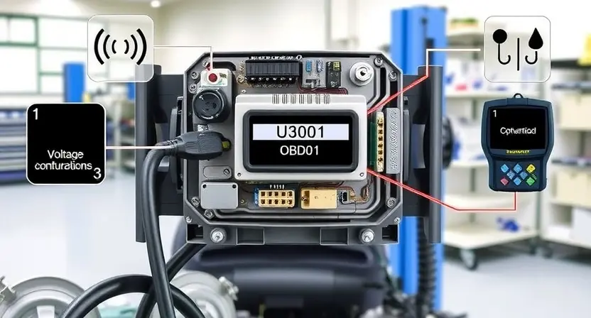A detailed technical illustration of a car's engine control module (ECM) with visible internal circuitry, diagnostic tools connected via OBD-II port, error code U3001 displayed on a scanner screen, and symbolic representations of voltage fluctuations, communication bus faults, and grounding issues surrounding the module in a clean, professional automotive workshop setting