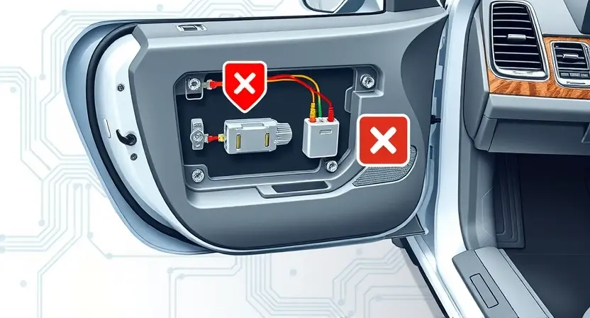 A detailed technical illustration of a car's keyless entry system antenna circuit, showing wiring, connectors, and antenna module inside the vehicle body, with a red 'X' or warning symbol indicating a fault in the antenna circuit, set against a clean automotive engineering background with subtle circuit diagram overlays, no text or labels visible