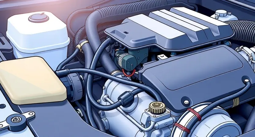 A detailed illustration of a car engine bay, focusing on the throttle position sensor and its wiring. The sensor should be clearly visible, with wires connected to it. The engine should be partially visible, showing components like the intake manifold and engine block. The overall lighting should be bright and focused on the sensor area.