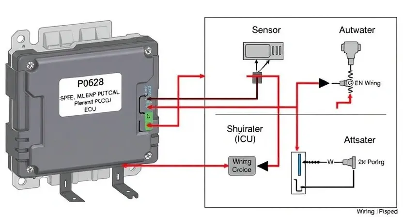 A detailed illustration of an automotive engine control unit (ECU) with wiring diagrams highlighting the sensor and actuator connected to the P0628 error code. Focus on the wiring and connections, showing the signal flow.