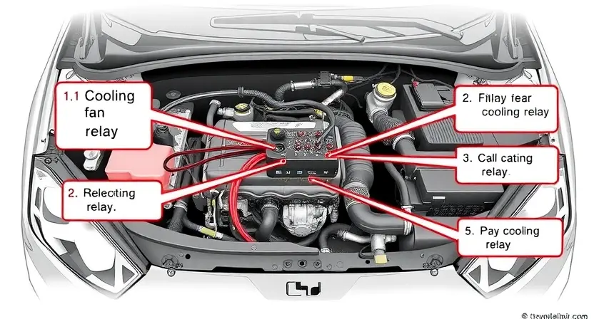 A detailed technical illustration of a car engine compartment showing the cooling fan relay and electrical wiring, with clear labels indicating the relay's function and connections, set against a clean background to emphasize automotive repair concepts