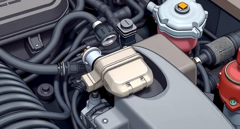 A close-up, detailed illustration of a car engine bay, focusing on the Mass Airflow (MAF) sensor and its surrounding components. The sensor should be clearly visible, with wires and hoses connected. The overall scene should convey a sense of automotive mechanics and diagnostics. The engine bay should be clean and well-lit, highlighting the sensor's position and connections. Include subtle visual cues suggesting a potential issue, such as a slightly dusty or worn appearance on nearby parts, but a